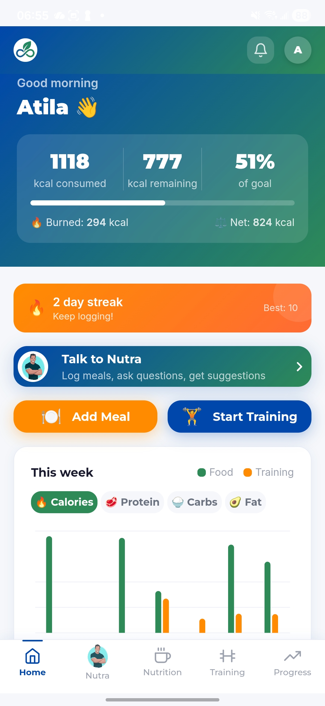 NutraFlex app dashboard showing calories, macros and today's plan