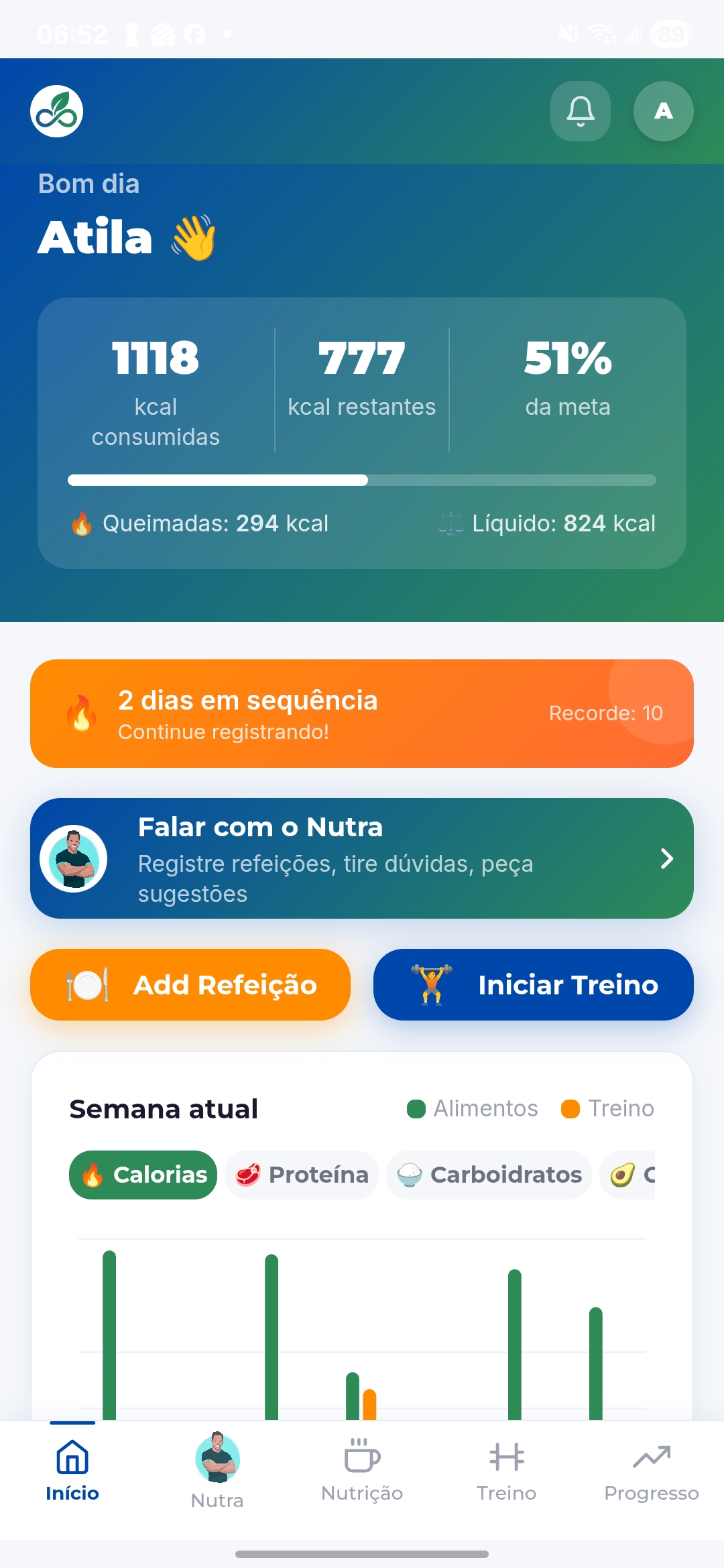 Dashboard do app NutraFlex com calorias, macros e o plano de hoje